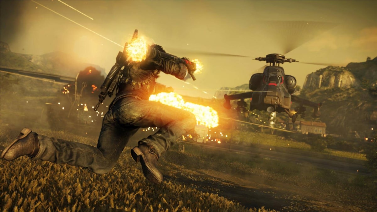 Rico shooting at a helicopter in Just Cause 4, a game by Contraband developer Avalanche Studios